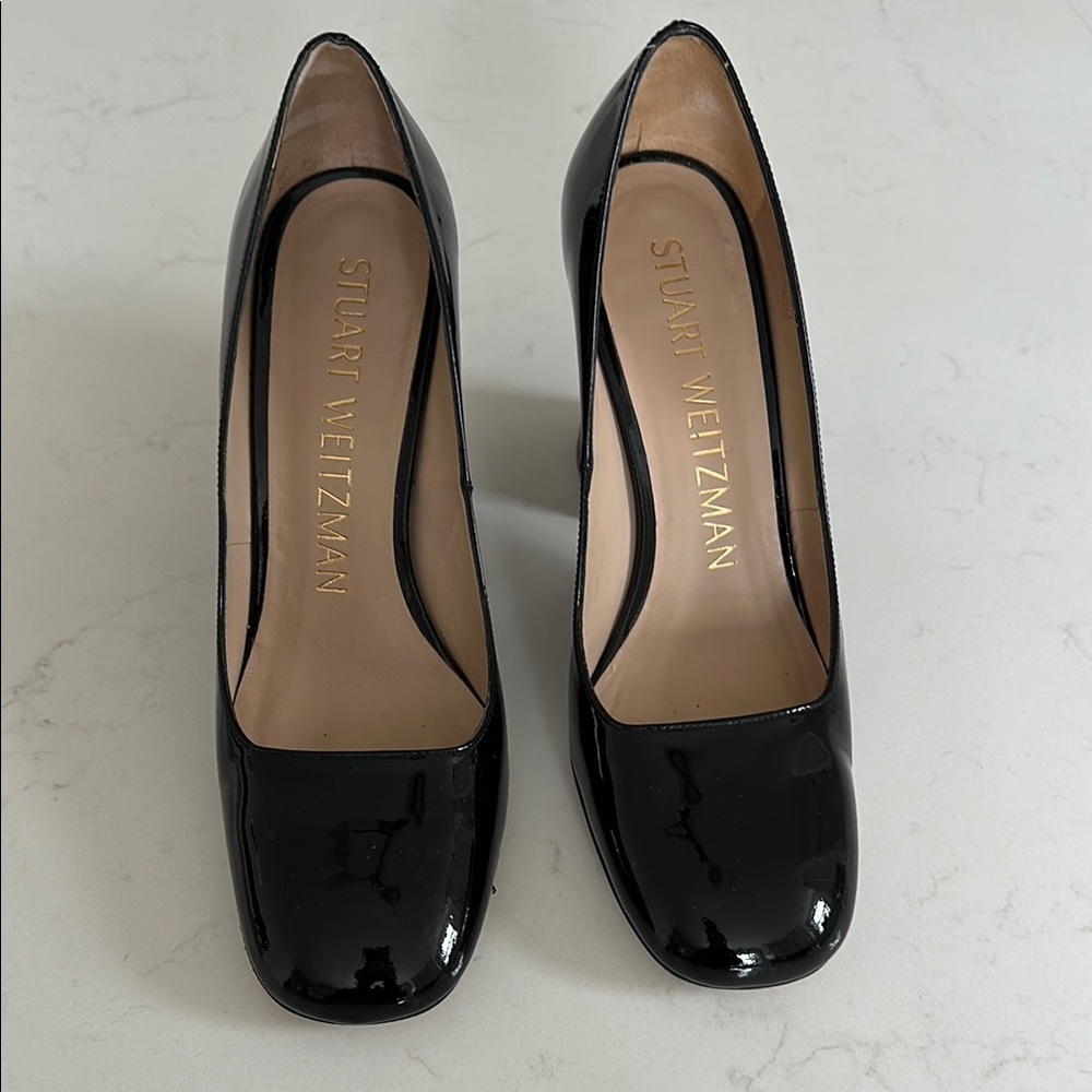 Stuart Weitzman Curveblock 85 Black Patent Leather Women's Shoes - 7